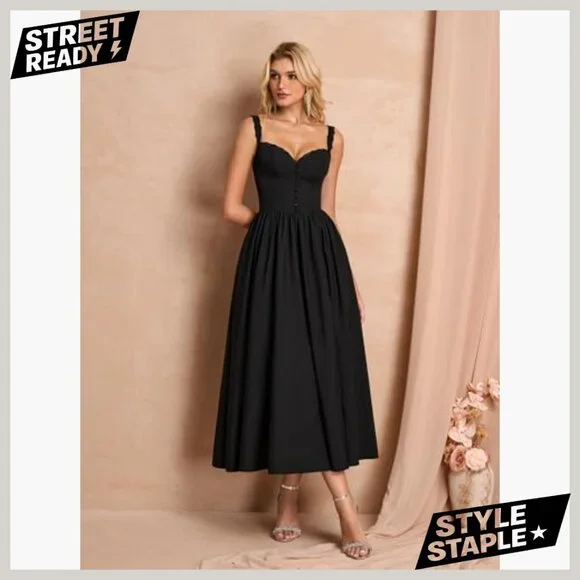 Midi Dress with Pockets A-Line Lace Spaghetti Strap Formal Summer Sundress